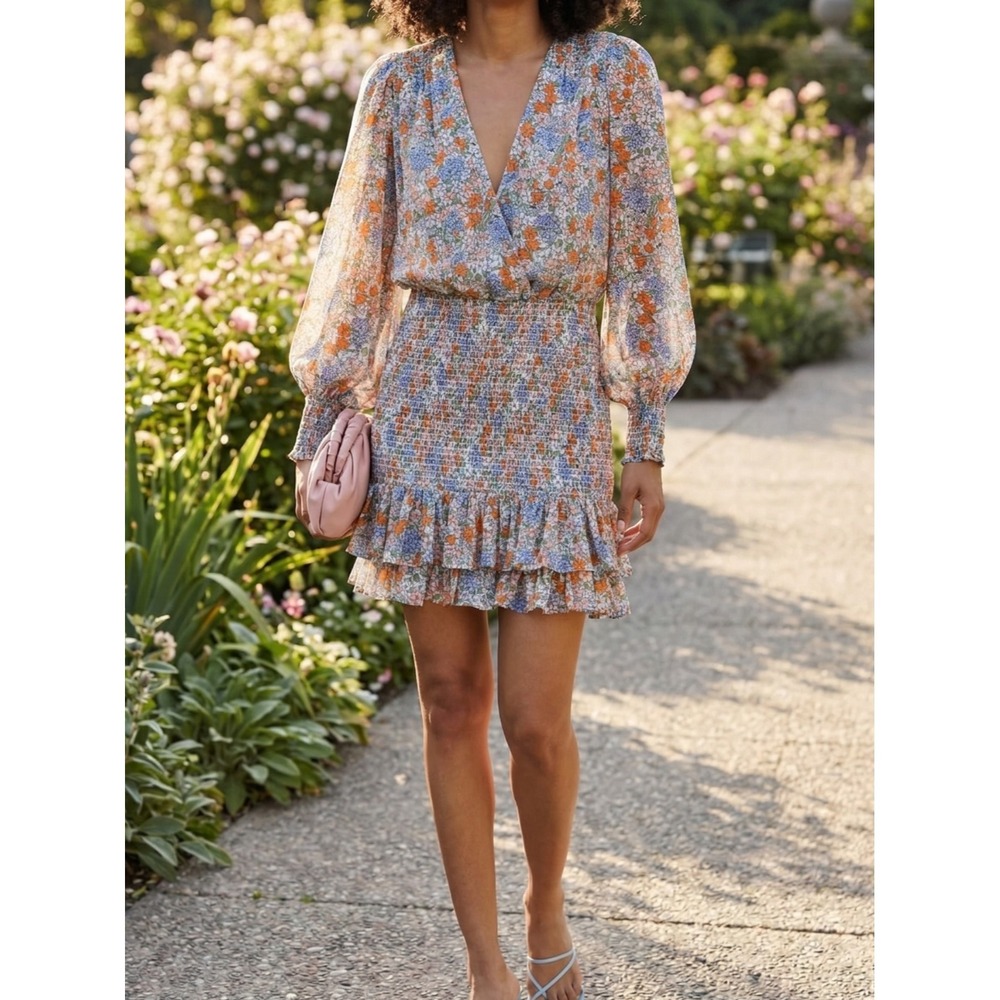 NWT Veronica Beard Saera Floral Smocked Silk Chiffon Mini Dress Size 6 $648